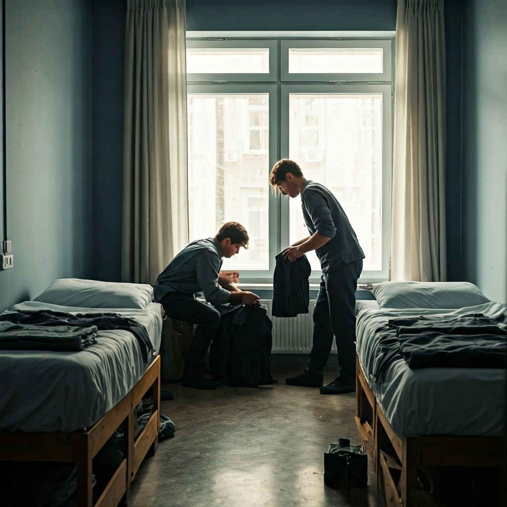 Dois trabalhadores com roupas de trabalho descansando em camas separadas no Hotel Brandão